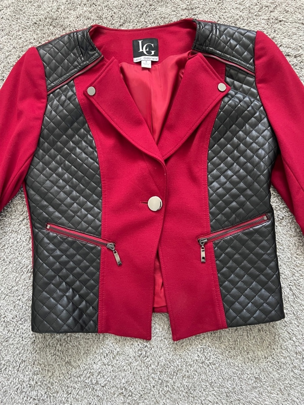 Lena Gabrielle Red Jacket Black Quilted Faux Leather Panels Zipper Trim - Size 8 - Picture 3 of 15